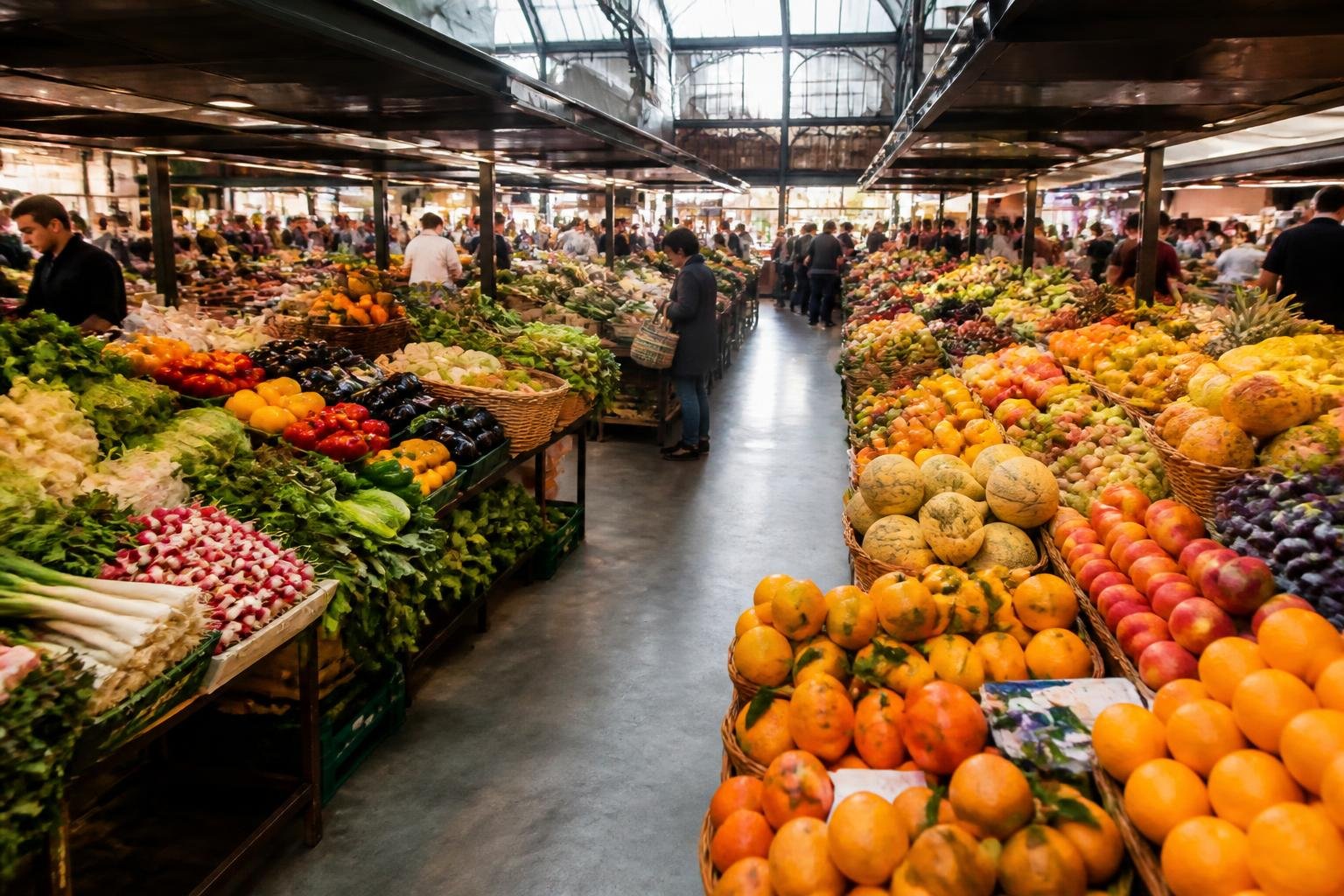 Intérieur des Halles de Lyon Paul Bocuse avec étals colorés de produits frais