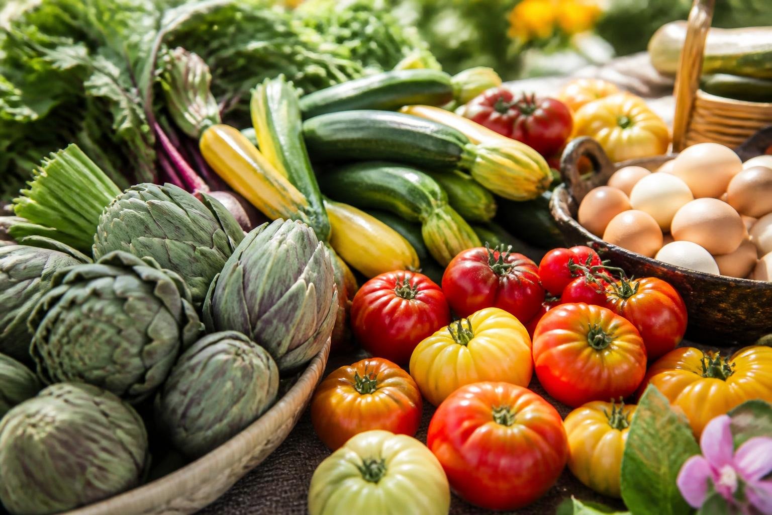 Produits frais de printemps et d'été : légumes colorés et fruits délicats