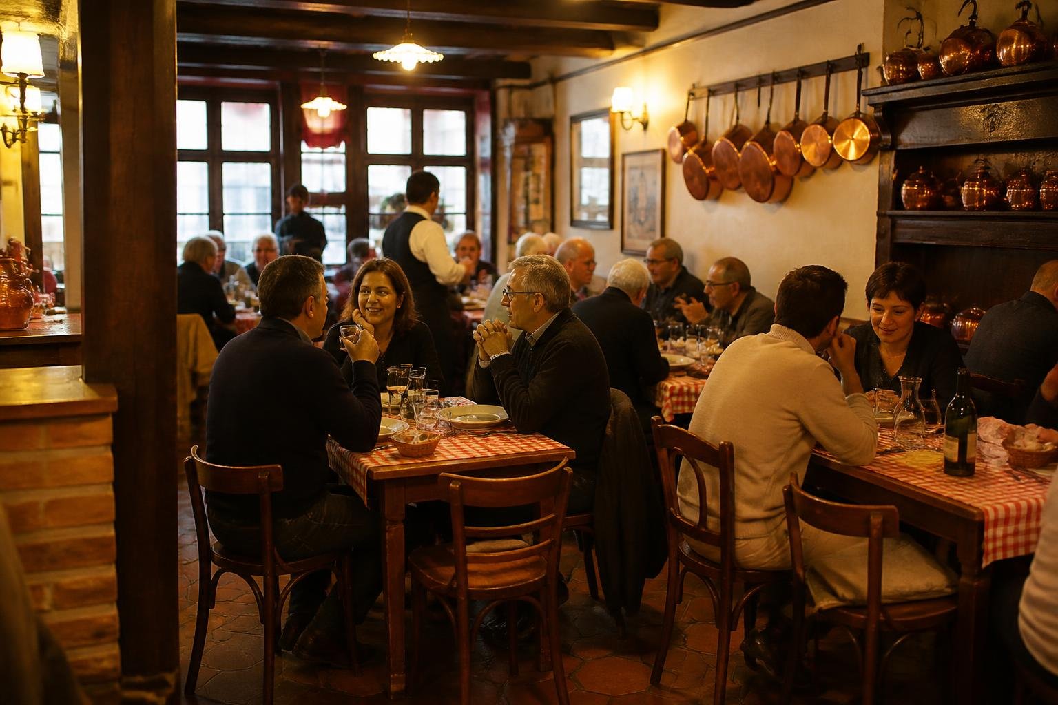 Intérieur chaleureux d'un bouchon lyonnais traditionnel avec tables en bois et ambiance conviviale