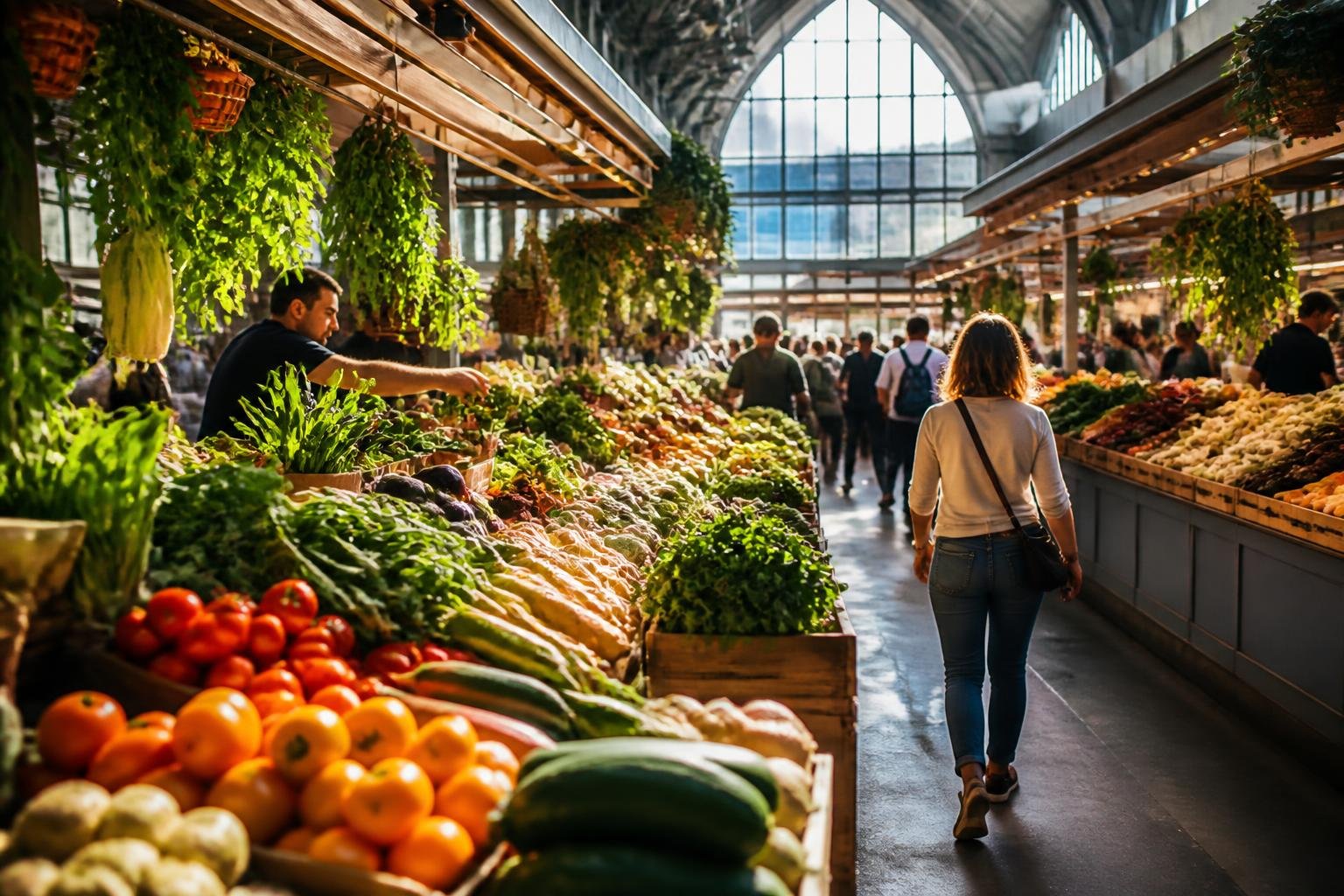 Les Halles de Lyon le matin : étals colorés de fruits et légumes frais sous la lumière naturelle