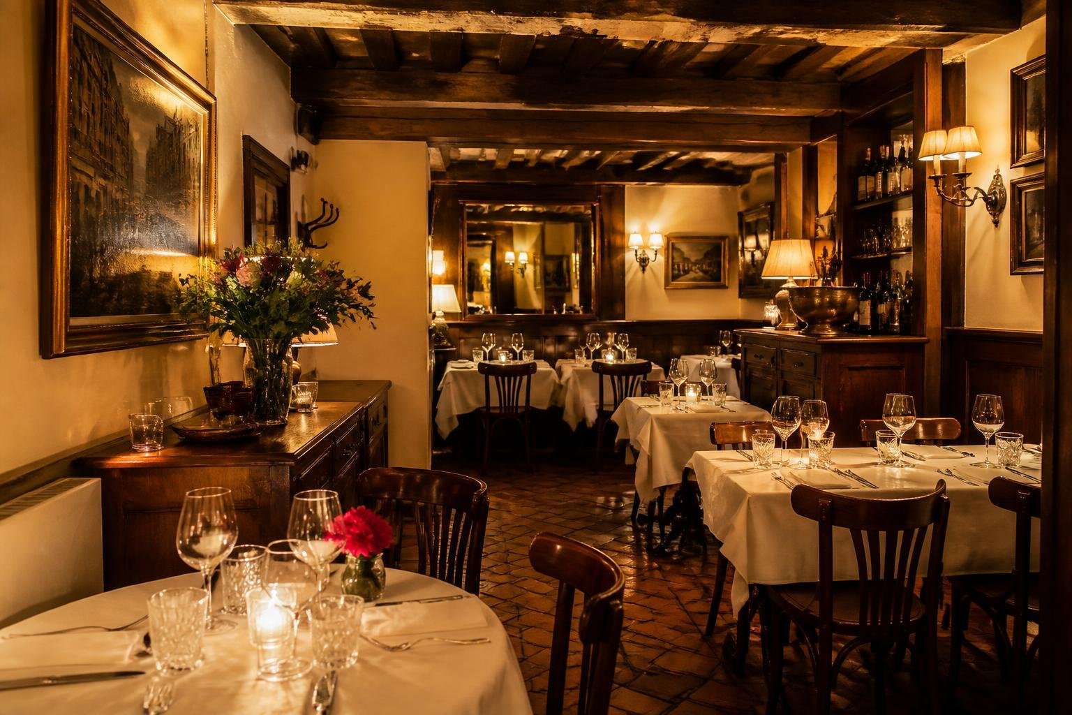 Salle chaleureuse du restaurant Chez Colette avec boiseries, éclairage tamisé et tables dressées